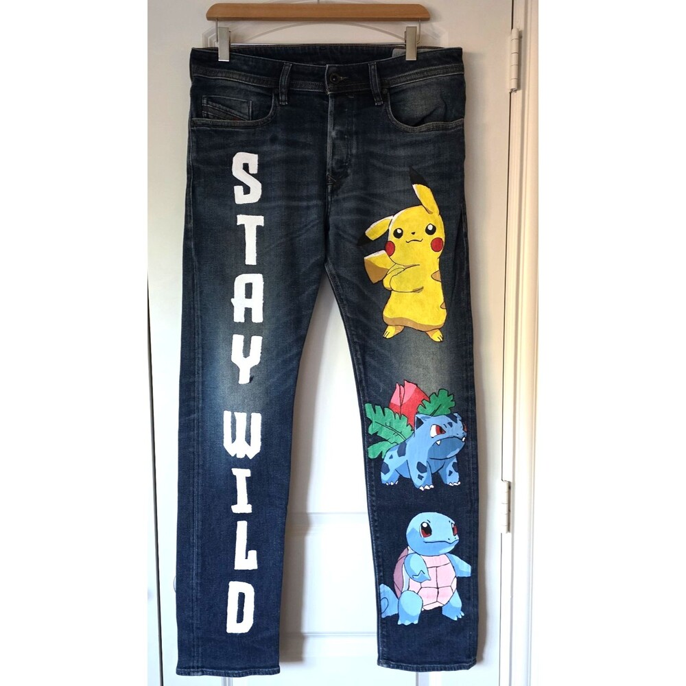 Diesel Men’s Jeans Size 31 Custom Hand Painted Pokémon Fan Art Pikachu Squirtle